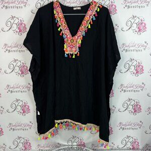 Choa coverup tassles embroidered Vibrant Black Tunic with Colorful Embroidery